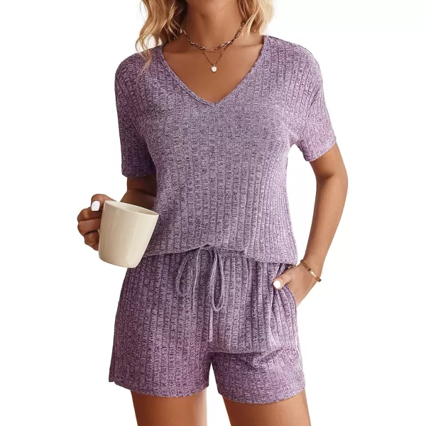 imageEkouaer Womens Ribbed Knit Lounge Set Short Sleeve Top and Shorts Sleepwear Pajama Set Two Piece Shorts Outfits SetPurple