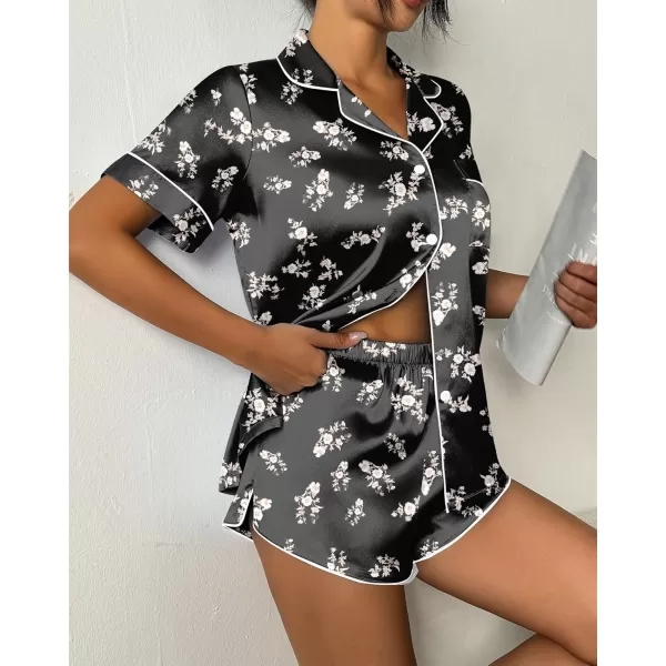 imageEkouaer Womens Silk Satin Pajama Set Print Short Sleeve Sleepwear Button Down Pjs Shorts Set LoungewearBlack Floral