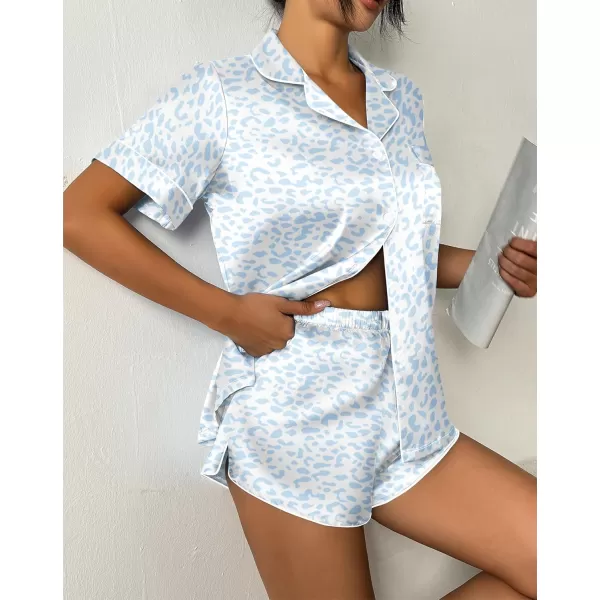 imageEkouaer Womens Silk Satin Pajama Set Print Short Sleeve Sleepwear Button Down Pjs Shorts Set LoungewearBlue Leopard