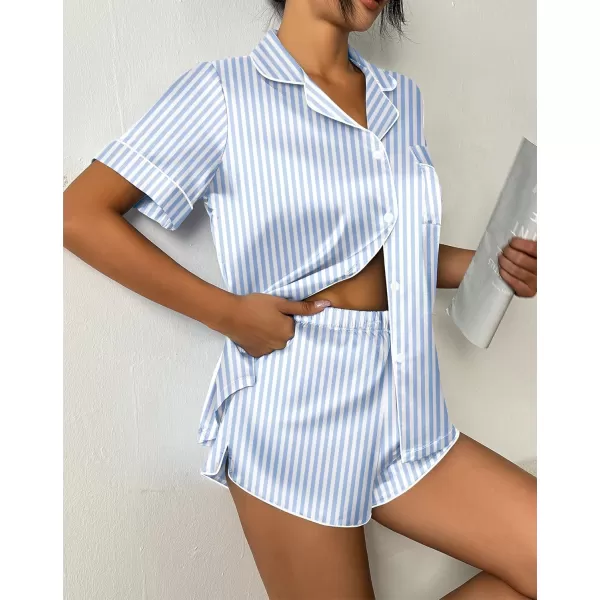 imageEkouaer Womens Silk Satin Pajama Set Print Short Sleeve Sleepwear Button Down Pjs Shorts Set LoungewearBlue Striped