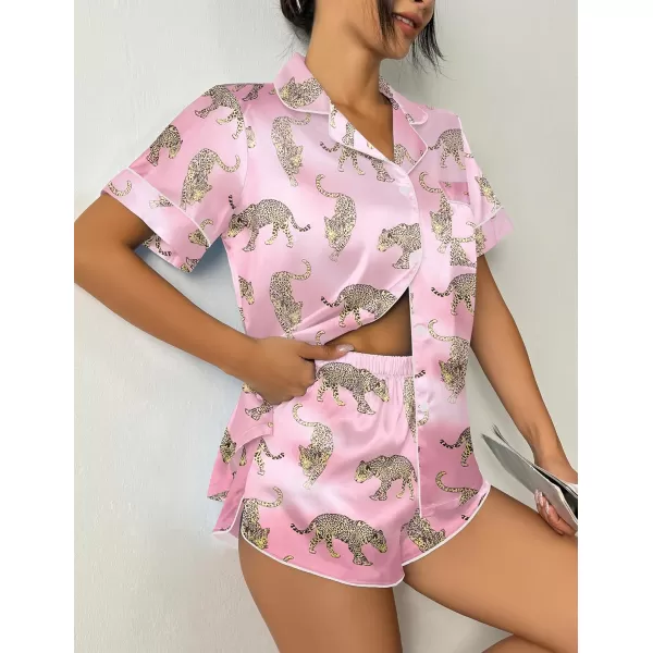 imageEkouaer Womens Silk Satin Pajama Set Print Short Sleeve Sleepwear Button Down Pjs Shorts Set LoungewearBrown Pink Leopard