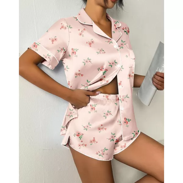 imageEkouaer Womens Silk Satin Pajama Set Print Short Sleeve Sleepwear Button Down Pjs Shorts Set LoungewearLight Pink Floral