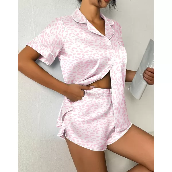 imageEkouaer Womens Silk Satin Pajama Set Print Short Sleeve Sleepwear Button Down Pjs Shorts Set LoungewearLight Pink Leopard