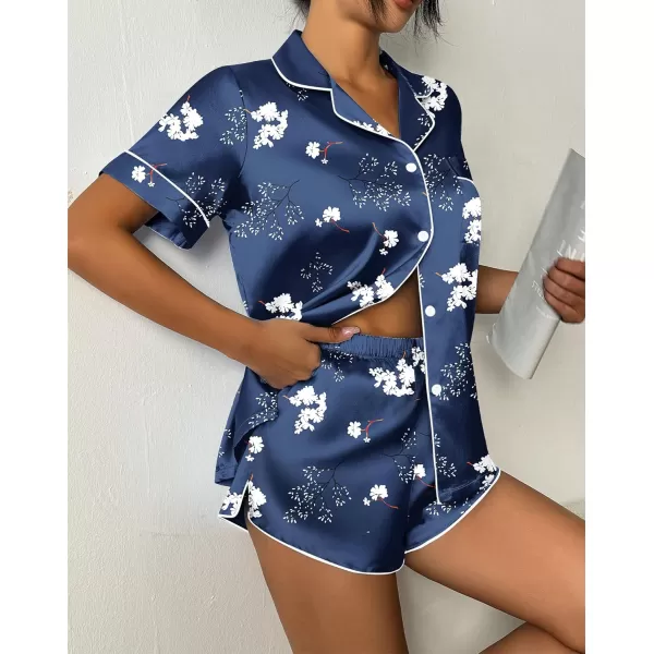 imageEkouaer Womens Silk Satin Pajama Set Print Short Sleeve Sleepwear Button Down Pjs Shorts Set LoungewearNavy Blue Floral