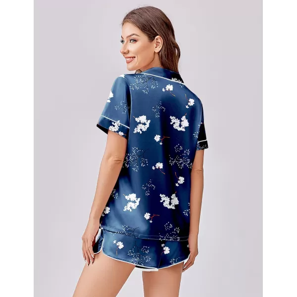 imageEkouaer Womens Silk Satin Pajama Set Print Short Sleeve Sleepwear Button Down Pjs Shorts Set LoungewearNavy Blue Floral