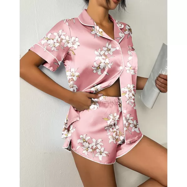 imageEkouaer Womens Silk Satin Pajama Set Print Short Sleeve Sleepwear Button Down Pjs Shorts Set LoungewearPink Floral