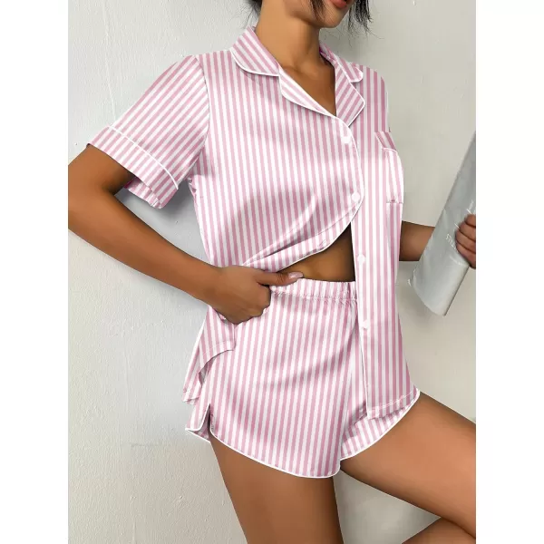 imageEkouaer Womens Silk Satin Pajama Set Print Short Sleeve Sleepwear Button Down Pjs Shorts Set LoungewearPink Striped