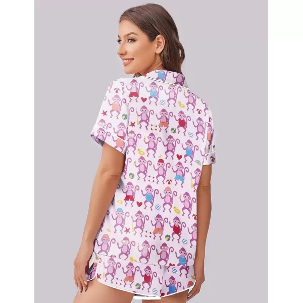 imageEkouaer Womens Silk Satin Pajama Set Print Short Sleeve Sleepwear Button Down Pjs Shorts Set LoungewearPurple Monkey