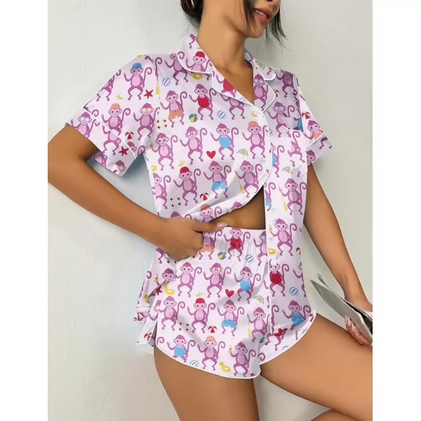 imageEkouaer Womens Silk Satin Pajama Set Print Short Sleeve Sleepwear Button Down Pjs Shorts Set LoungewearPurple Monkey