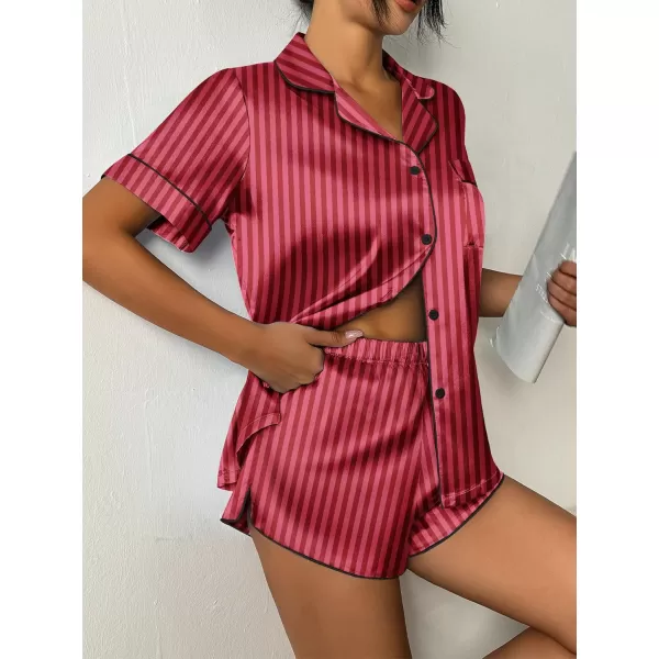 imageEkouaer Womens Silk Satin Pajama Set Print Short Sleeve Sleepwear Button Down Pjs Shorts Set LoungewearRed Striped