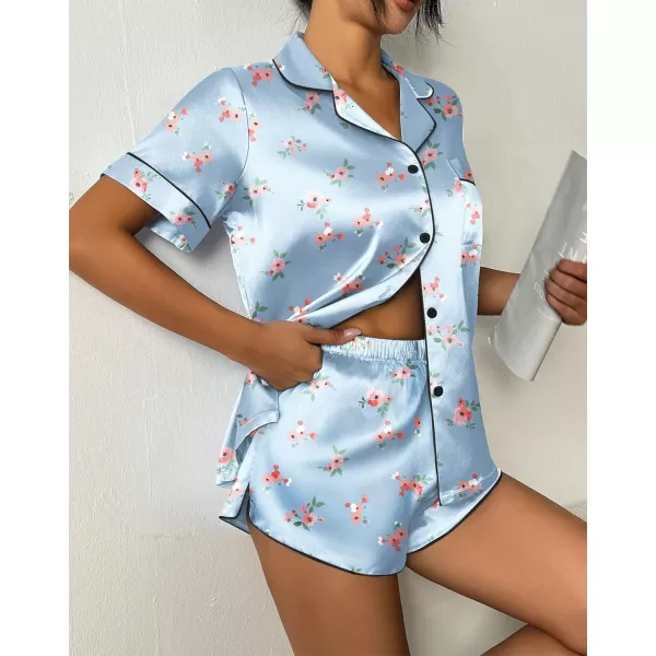 imageEkouaer Womens Silk Satin Pajama Set Print Short Sleeve Sleepwear Button Down Pjs Shorts Set LoungewearSky Blue Floral