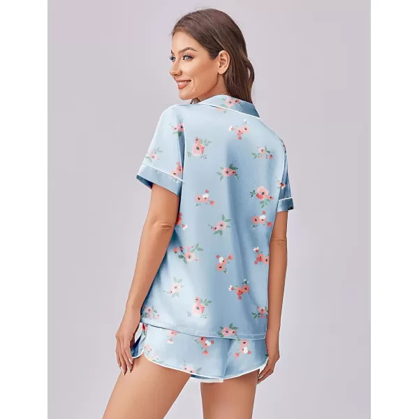 imageEkouaer Womens Silk Satin Pajama Set Print Short Sleeve Sleepwear Button Down Pjs Shorts Set LoungewearSky Blue Floral