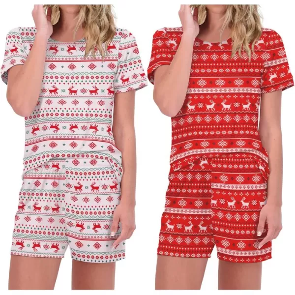 imageEkouaer 2 Pack Pajamas Short Sleeve Top with Shorts Sets Comfy Pjs Lounge Sets Sleepwear for WomenChristmas Pattern