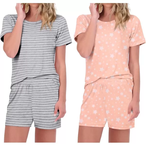 imageEkouaer 2 Pack Pajamas Short Sleeve Top with Shorts Sets Comfy Pjs Lounge Sets Sleepwear for WomenGrey StripedPink Star