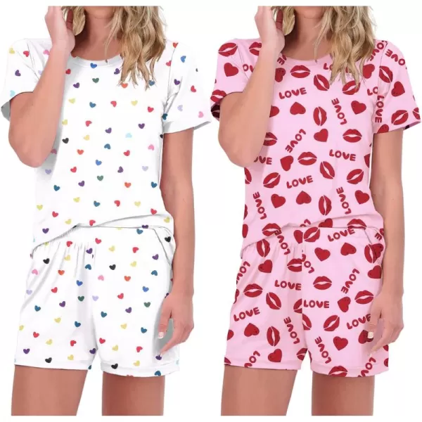 imageEkouaer 2 Pack Pajamas Short Sleeve Top with Shorts Sets Comfy Pjs Lounge Sets Sleepwear for WomenLipColorful Heart