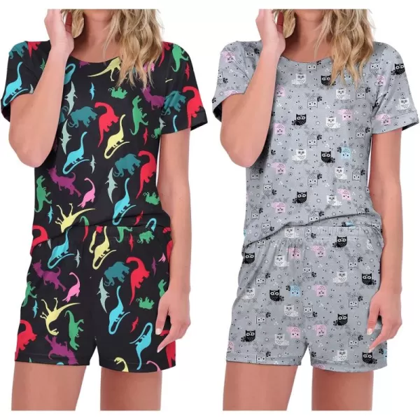 imageEkouaer 2 Pack Pajamas Short Sleeve Top with Shorts Sets Comfy Pjs Lounge Sets Sleepwear for WomenOwlDinosaur