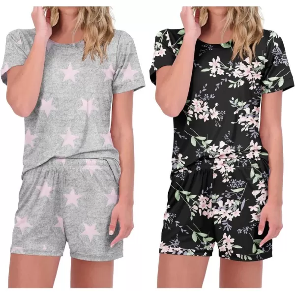 imageEkouaer 2 Pack Pajamas Short Sleeve Top with Shorts Sets Comfy Pjs Lounge Sets Sleepwear for WomenPink StarBlack Floral