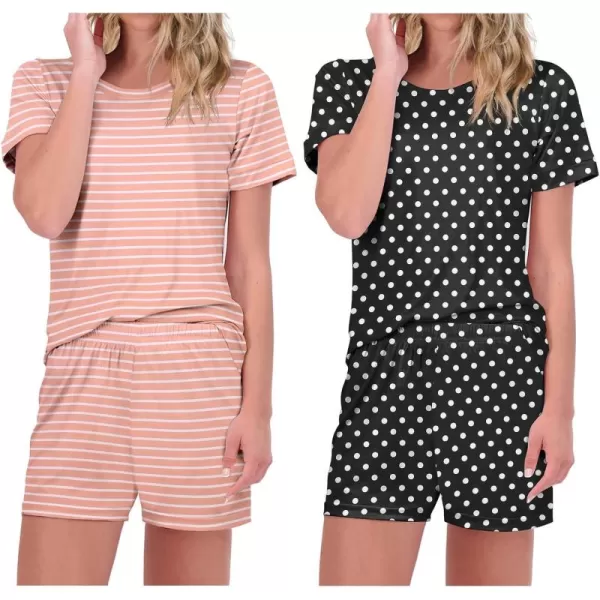 imageEkouaer 2 Pack Pajamas Short Sleeve Top with Shorts Sets Comfy Pjs Lounge Sets Sleepwear for WomenPink StripedDot