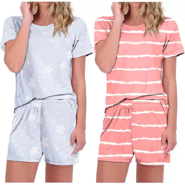 imageEkouaer 2 Pack Pajamas Short Sleeve Top with Shorts Sets Comfy Pjs Lounge Sets Sleepwear for WomenPink StripedStar