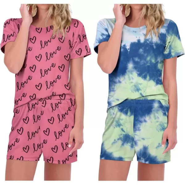 imageEkouaer 2 Pack Pajamas Short Sleeve Top with Shorts Sets Comfy Pjs Lounge Sets Sleepwear for WomenRed HeartTie Dye