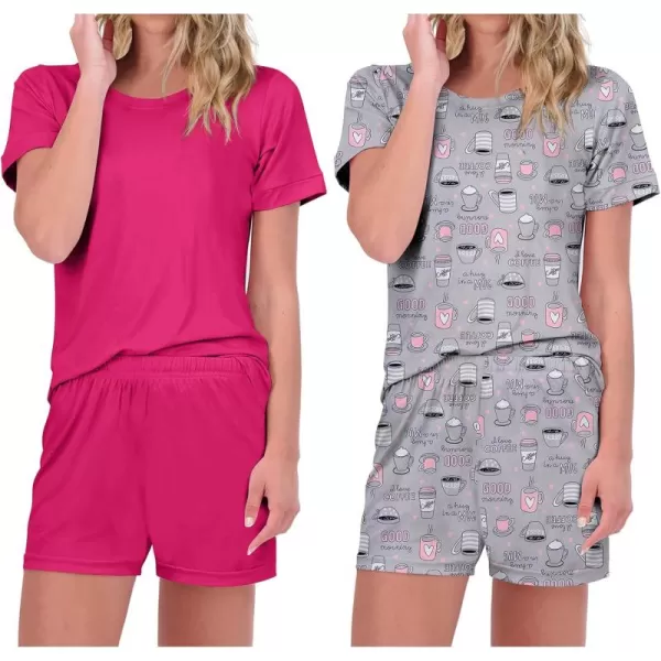 imageEkouaer 2 Pack Pajamas Short Sleeve Top with Shorts Sets Comfy Pjs Lounge Sets Sleepwear for WomenRose RedCoffee Cup