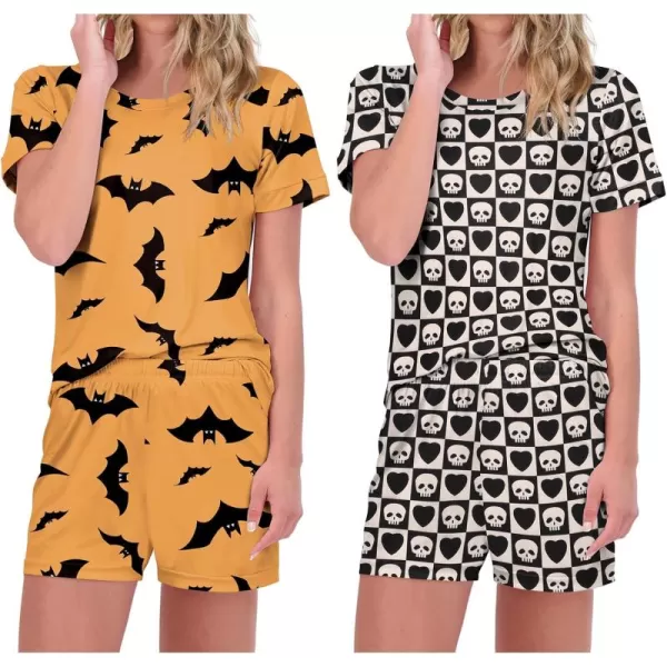 imageEkouaer 2 Pack Pajamas Short Sleeve Top with Shorts Sets Comfy Pjs Lounge Sets Sleepwear for WomenYellow BatSkull