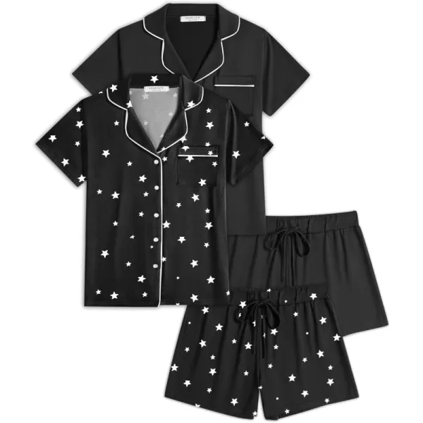 imageEkouaer 2 Pack Womens Pajamas Set Button Down Summer Sleepwear Short Sleeve Comfy Pjs Loungewear SetBlackBlack Stars