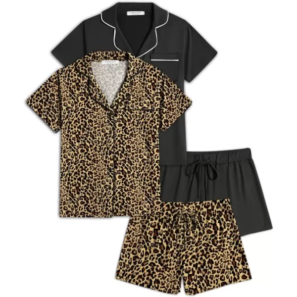 imageEkouaer 2 Pack Womens Pajamas Set Button Down Summer Sleepwear Short Sleeve Comfy Pjs Loungewear SetBlackBrown Leopard