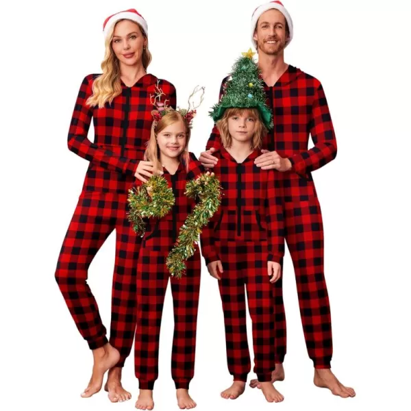 imageEkouaer Christmas Matching Family Onesie Pajamas Hoodie One Piece Pajamas Zipper Thermal Sleepwear with PocketsFamily Christmas Buffalo Plaid Print