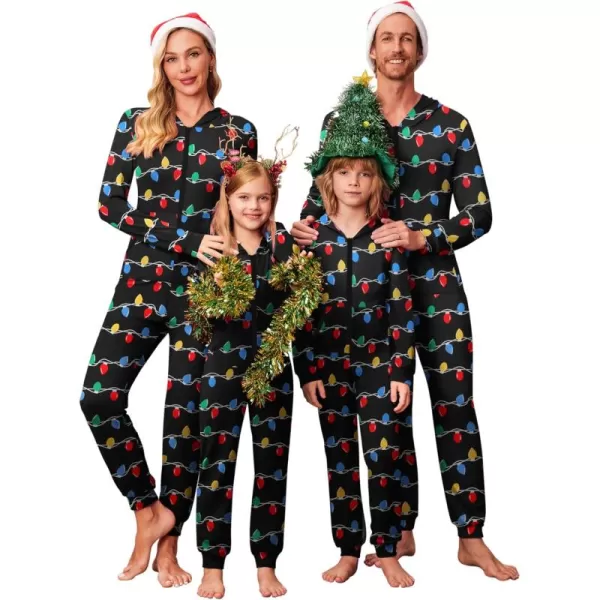 imageEkouaer Christmas Matching Family Onesie Pajamas Hoodie One Piece Pajamas Zipper Thermal Sleepwear with PocketsFamily Christmas Lights Print