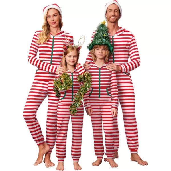 imageEkouaer Christmas Matching Family Onesie Pajamas Hoodie One Piece Pajamas Zipper Thermal Sleepwear with PocketsFamily Red Striped Print