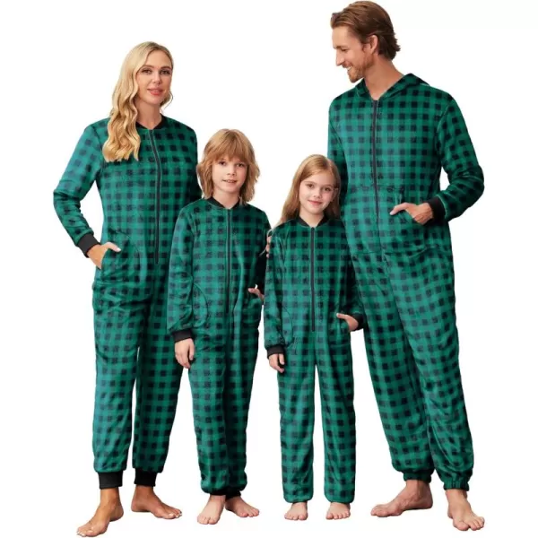 imageEkouaer Christmas Matching Pajamas Onesie for Family Fleece Onesie Sleepwear Zipper Jumpsuit with PocketsGreen Plaid Onesie