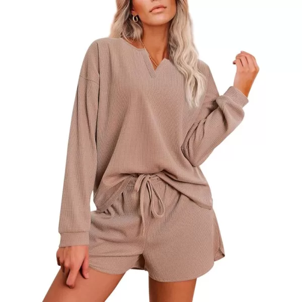 imageEkouaer Pajama Set for Women Waffle Knit Lounge Sets Long Sleeve Top and Shorts Matching Loungewear SXXLBeige