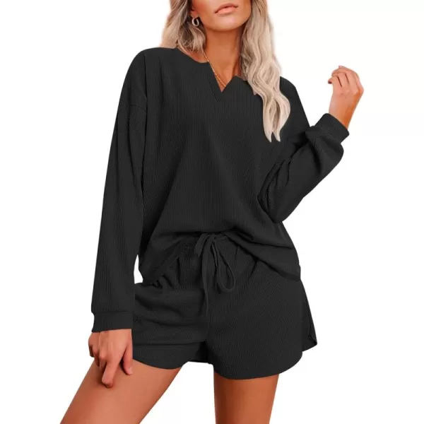 imageEkouaer Pajama Set for Women Waffle Knit Lounge Sets Long Sleeve Top and Shorts Matching Loungewear SXXLBlack