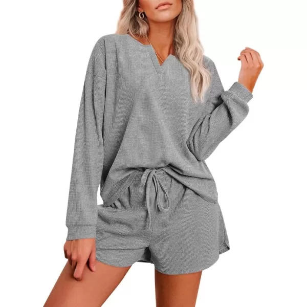 imageEkouaer Pajama Set for Women Waffle Knit Lounge Sets Long Sleeve Top and Shorts Matching Loungewear SXXLLight Grey