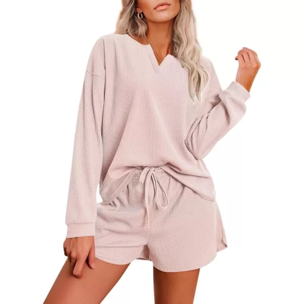 imageEkouaer Pajama Set for Women Waffle Knit Lounge Sets Long Sleeve Top and Shorts Matching Loungewear SXXLLight Pink