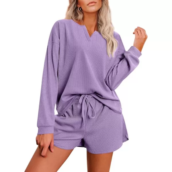 imageEkouaer Pajama Set for Women Waffle Knit Lounge Sets Long Sleeve Top and Shorts Matching Loungewear SXXLLilac