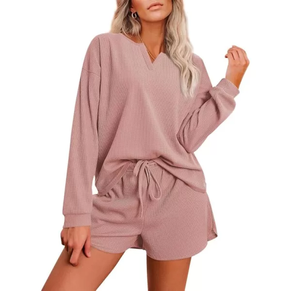 imageEkouaer Pajama Set for Women Waffle Knit Lounge Sets Long Sleeve Top and Shorts Matching Loungewear SXXLLotus Pink