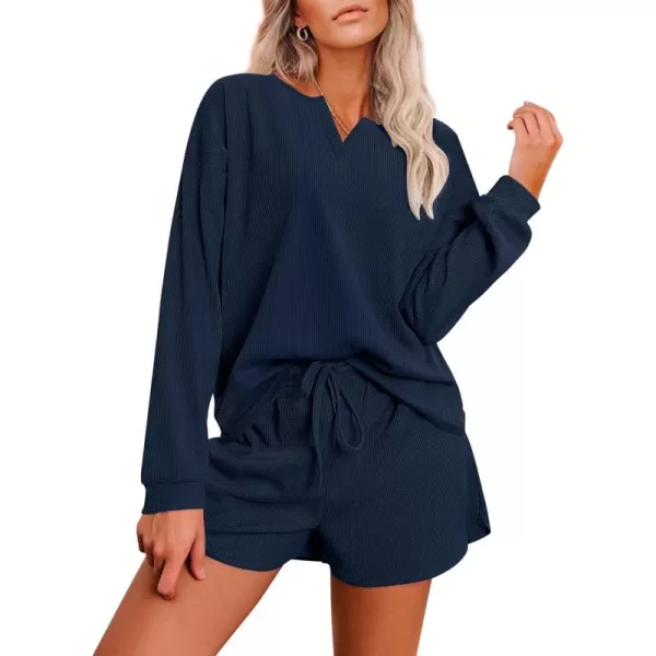 imageEkouaer Pajama Set for Women Waffle Knit Lounge Sets Long Sleeve Top and Shorts Matching Loungewear SXXLNavy Blue