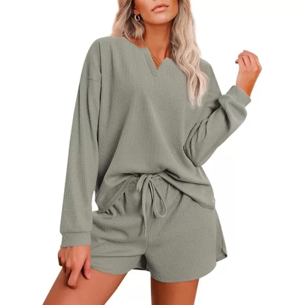 imageEkouaer Pajama Set for Women Waffle Knit Lounge Sets Long Sleeve Top and Shorts Matching Loungewear SXXLOlive Green