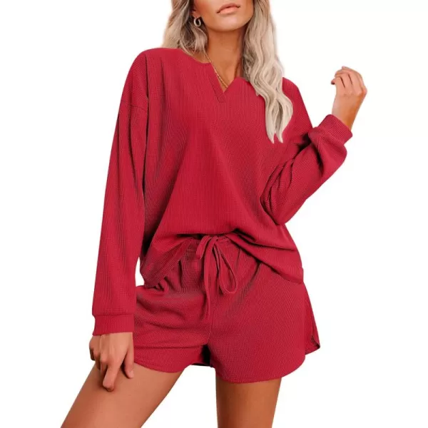 imageEkouaer Pajama Set for Women Waffle Knit Lounge Sets Long Sleeve Top and Shorts Matching Loungewear SXXLRed