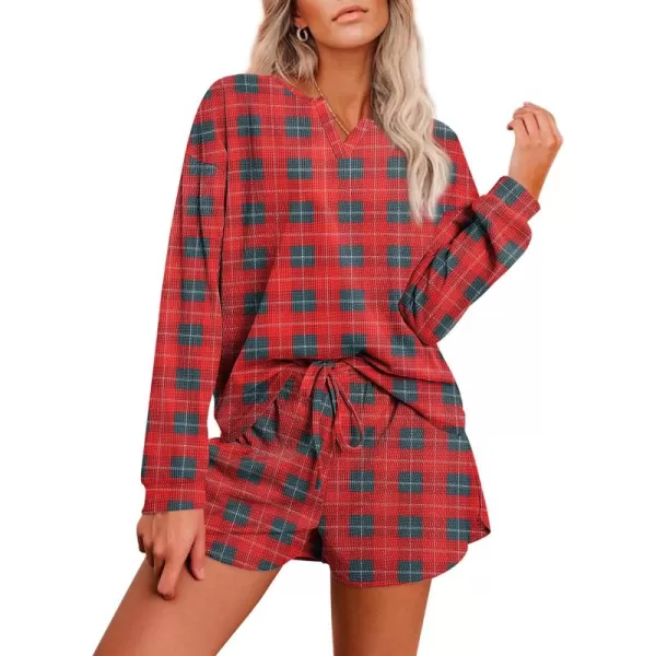 imageEkouaer Pajama Set for Women Waffle Knit Lounge Sets Long Sleeve Top and Shorts Matching Loungewear SXXLRed and Green Plaid