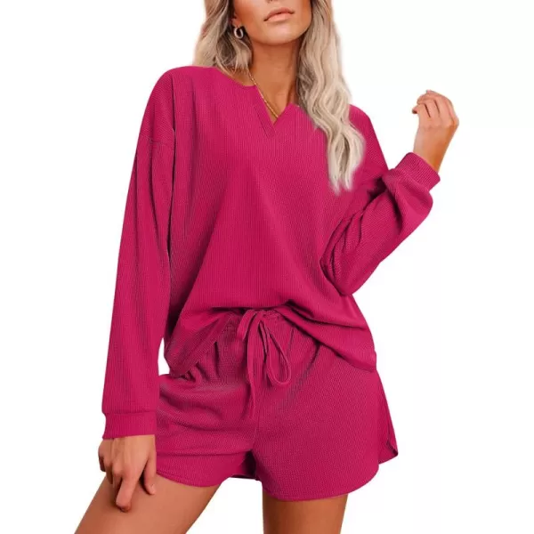 imageEkouaer Pajama Set for Women Waffle Knit Lounge Sets Long Sleeve Top and Shorts Matching Loungewear SXXLRose