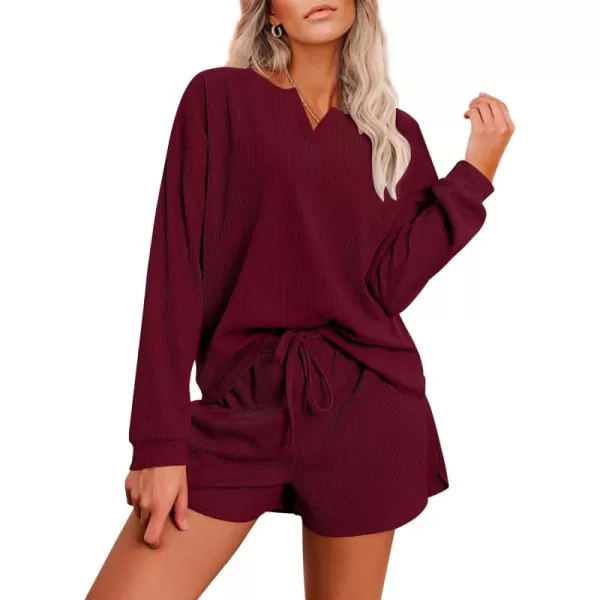 imageEkouaer Pajama Set for Women Waffle Knit Lounge Sets Long Sleeve Top and Shorts Matching Loungewear SXXLWine Red