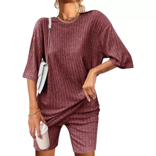 imageEkouaer Pajamas 2 Piece Lounge Sets Ribbed Knit Matching Outfits Tshirt Biker Shorts Sleepwear Loungewear SweatsuitsBurgundy