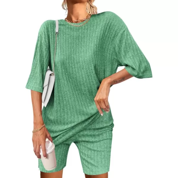 imageEkouaer Pajamas 2 Piece Lounge Sets Ribbed Knit Matching Outfits Tshirt Biker Shorts Sleepwear Loungewear SweatsuitsGreen