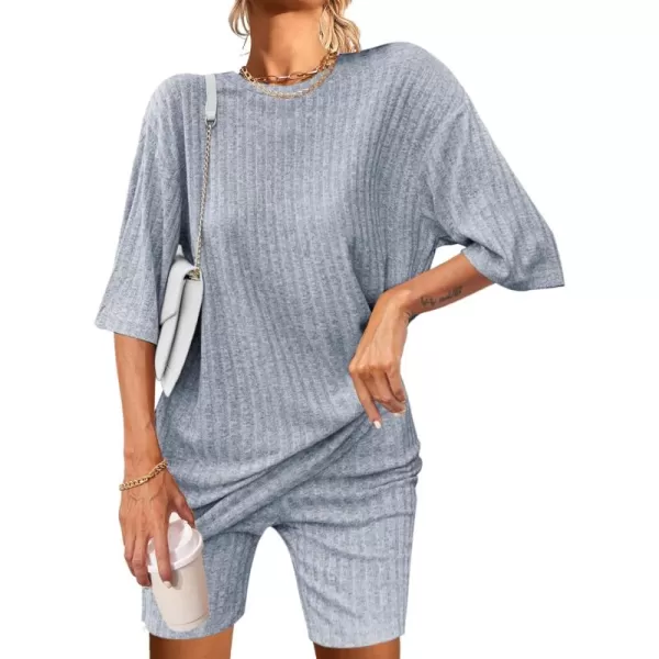 imageEkouaer Pajamas 2 Piece Lounge Sets Ribbed Knit Matching Outfits Tshirt Biker Shorts Sleepwear Loungewear SweatsuitsLight Blue