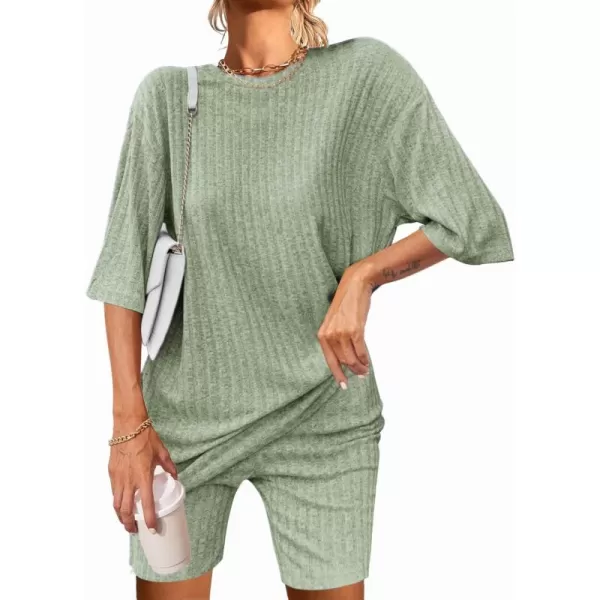 imageEkouaer Pajamas 2 Piece Lounge Sets Ribbed Knit Matching Outfits Tshirt Biker Shorts Sleepwear Loungewear SweatsuitsLight Green