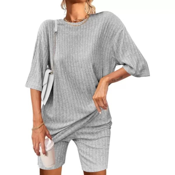 imageEkouaer Pajamas 2 Piece Lounge Sets Ribbed Knit Matching Outfits Tshirt Biker Shorts Sleepwear Loungewear SweatsuitsLight Grey