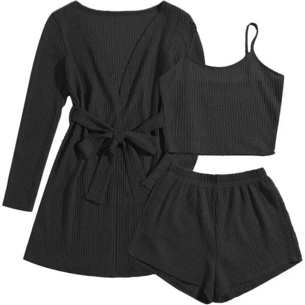 imageEkouaer Womens 3 Piece Waffle Knit Lounge Set Soft Pajama Sets Tank Top and Shorts Cardigan with Pockets SXXLBlack